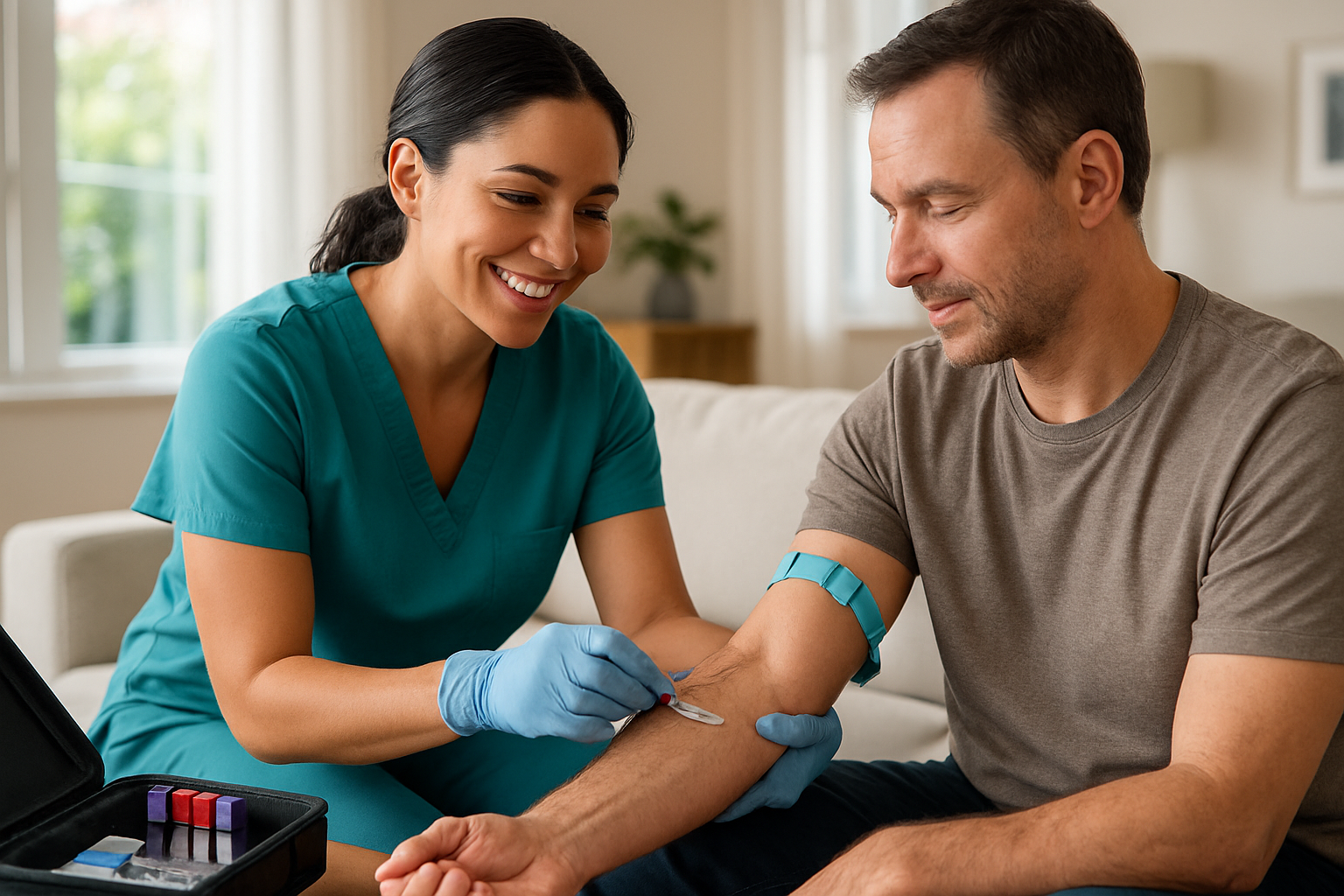 Professional phlebotomist performing a gentle blood draw at a client's home
